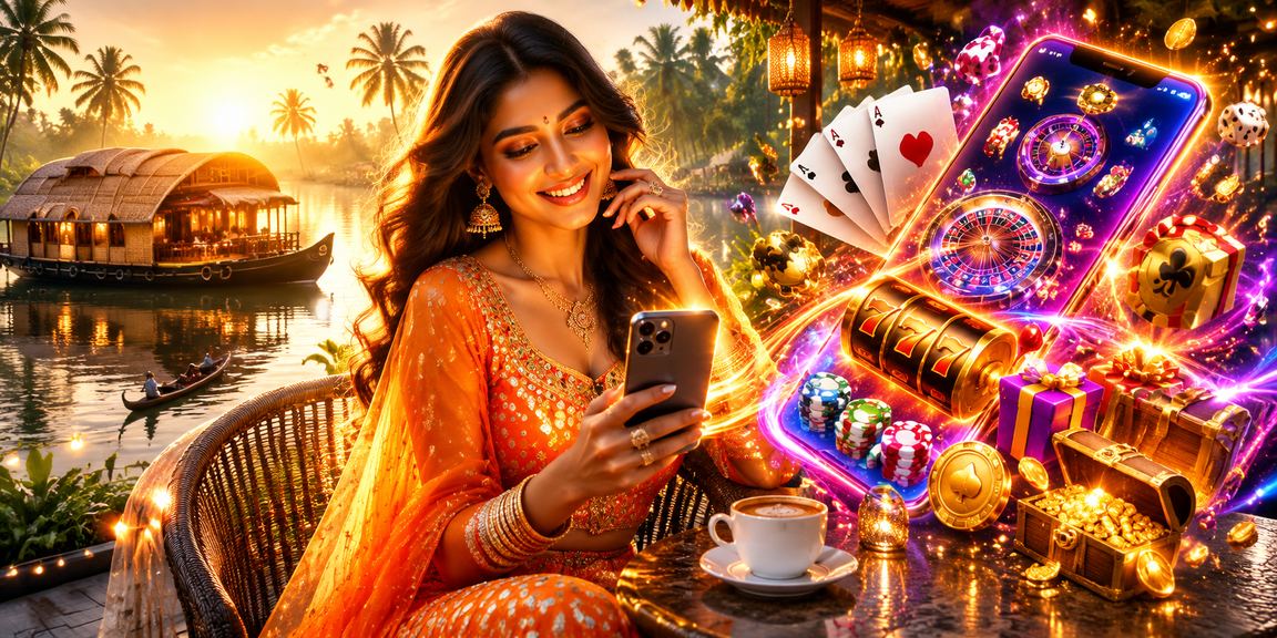 Calm Kerala backwaters with casino mobile app depiction
