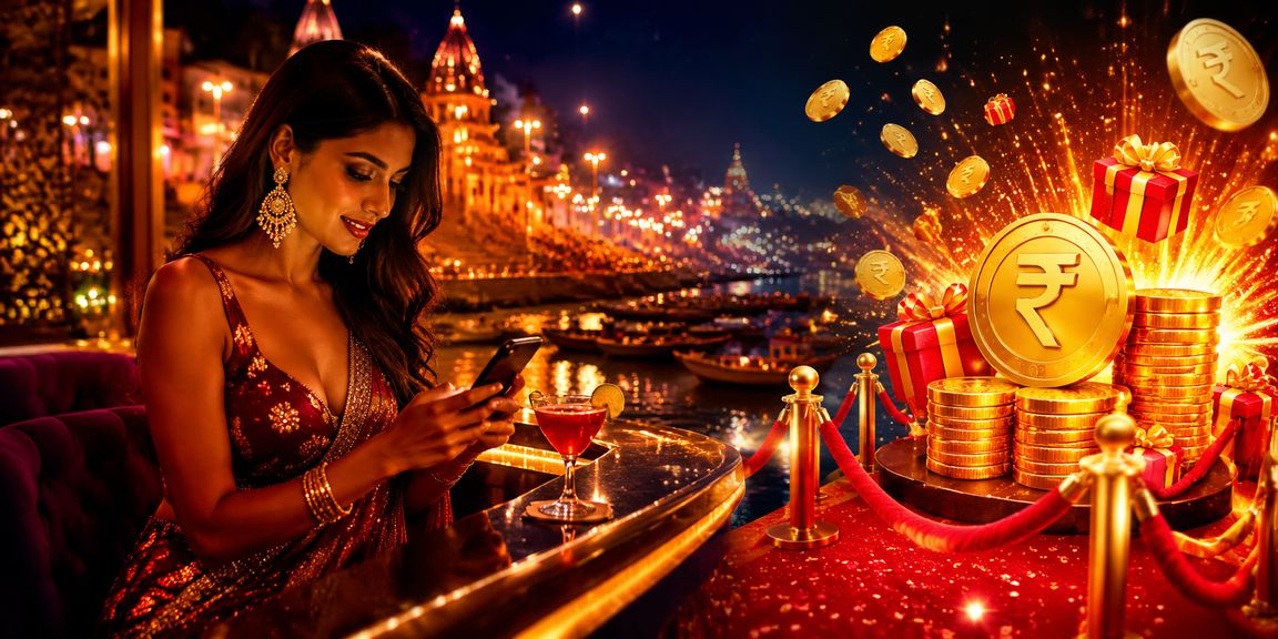 Evening Varanasi Ghat with mobile casino betting interface